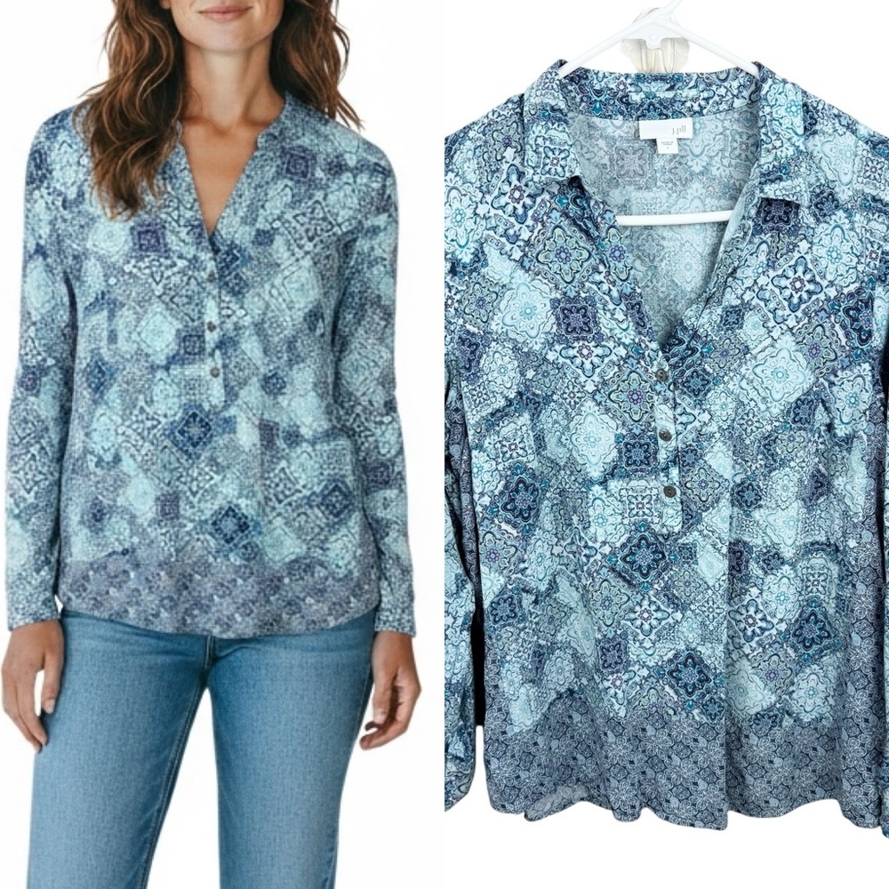 J. Jill Blue Mosaic Tile Print Rayon Henley Pullover Blouse Top Size Large